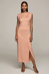 Langes Etui Formelles Kleid aus Satin mit Schlitz in Blush